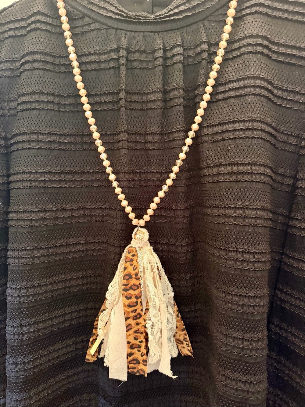 Source Unknown Gold Beaded Tassel Necklace with Leopard and Cream Ribbons